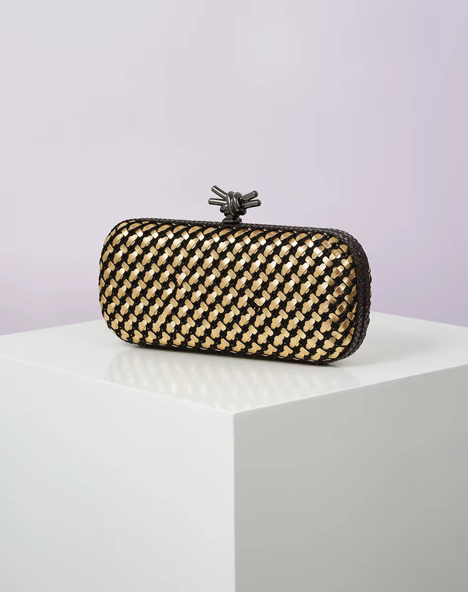 Elegant Leather Bright Line Woven Metal Knot Party Clutch Bag Mssza