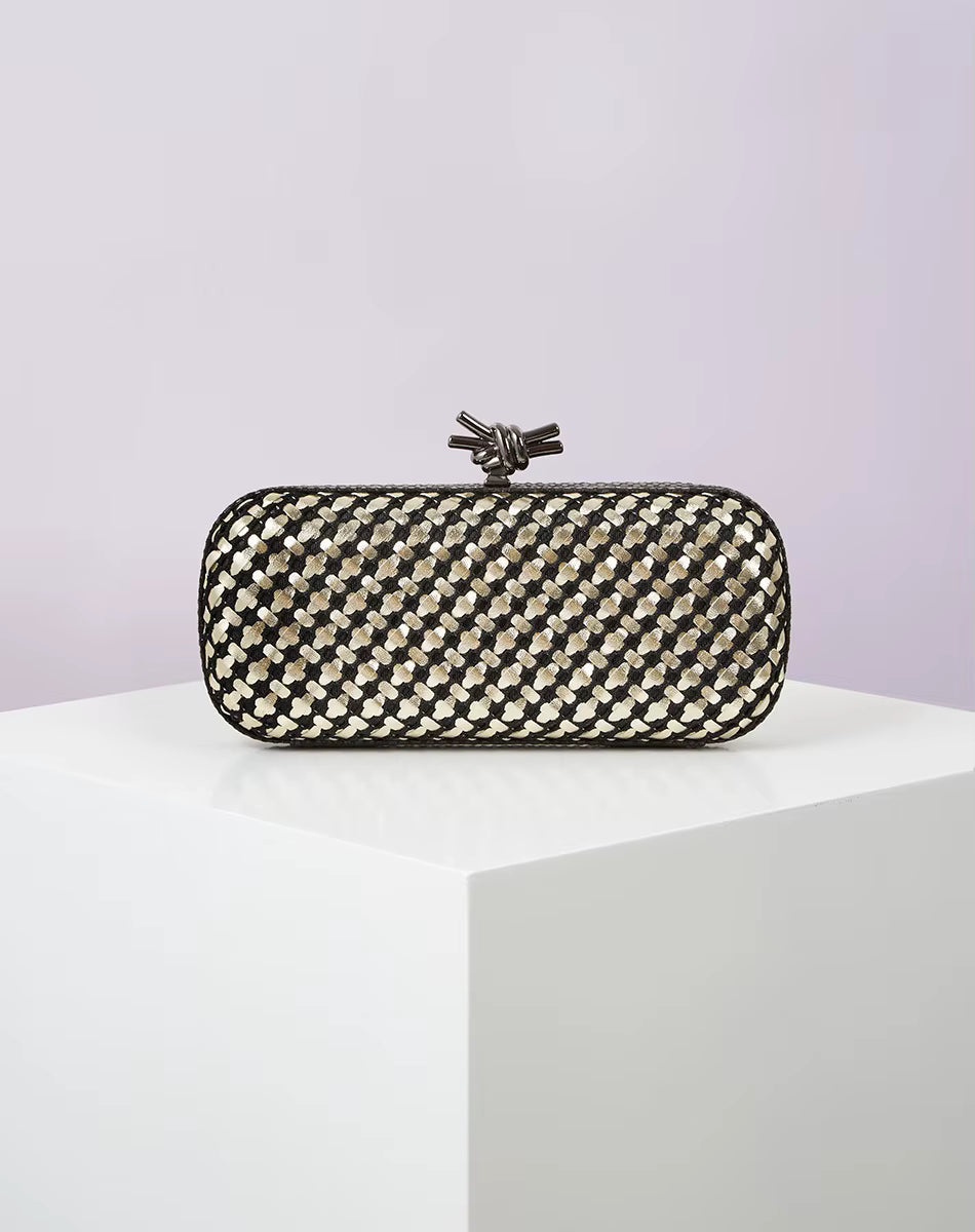 Elegant Leather Bright Line Woven Metal Knot Party Clutch Bag Mssza
