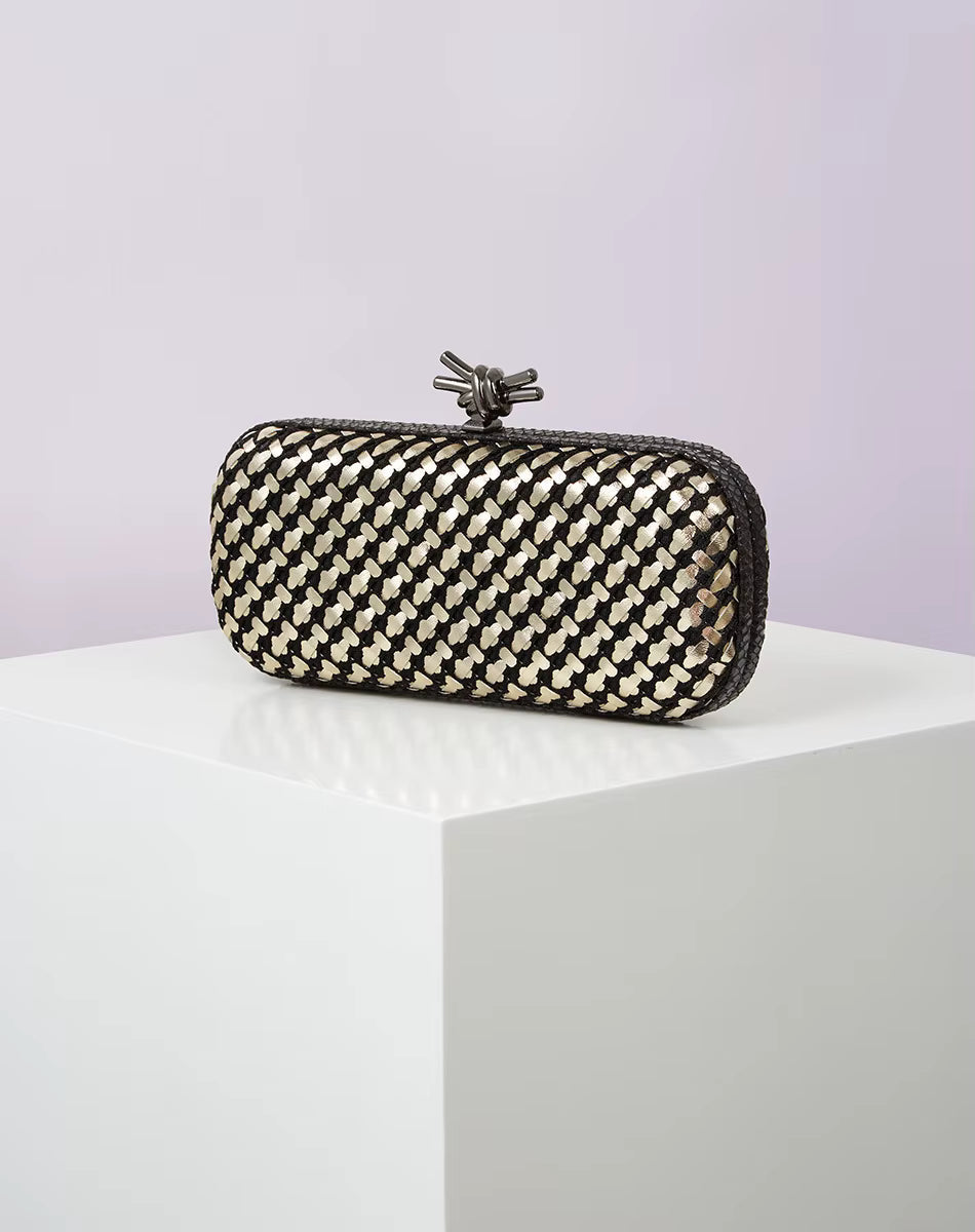Elegant Leather Bright Line Woven Metal Knot Party Clutch Bag Mssza