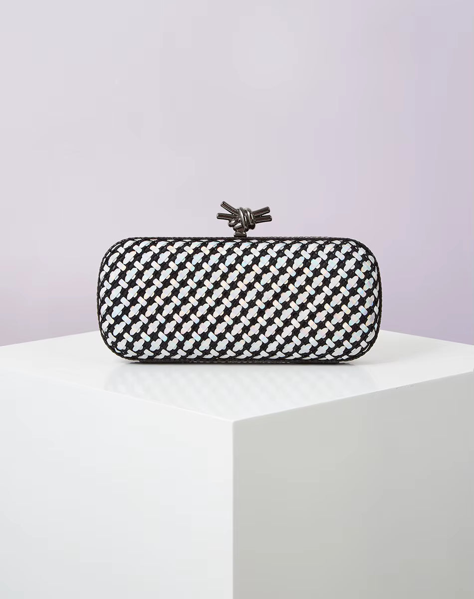 Elegant Leather Bright Line Woven Metal Knot Party Clutch Bag Mssza