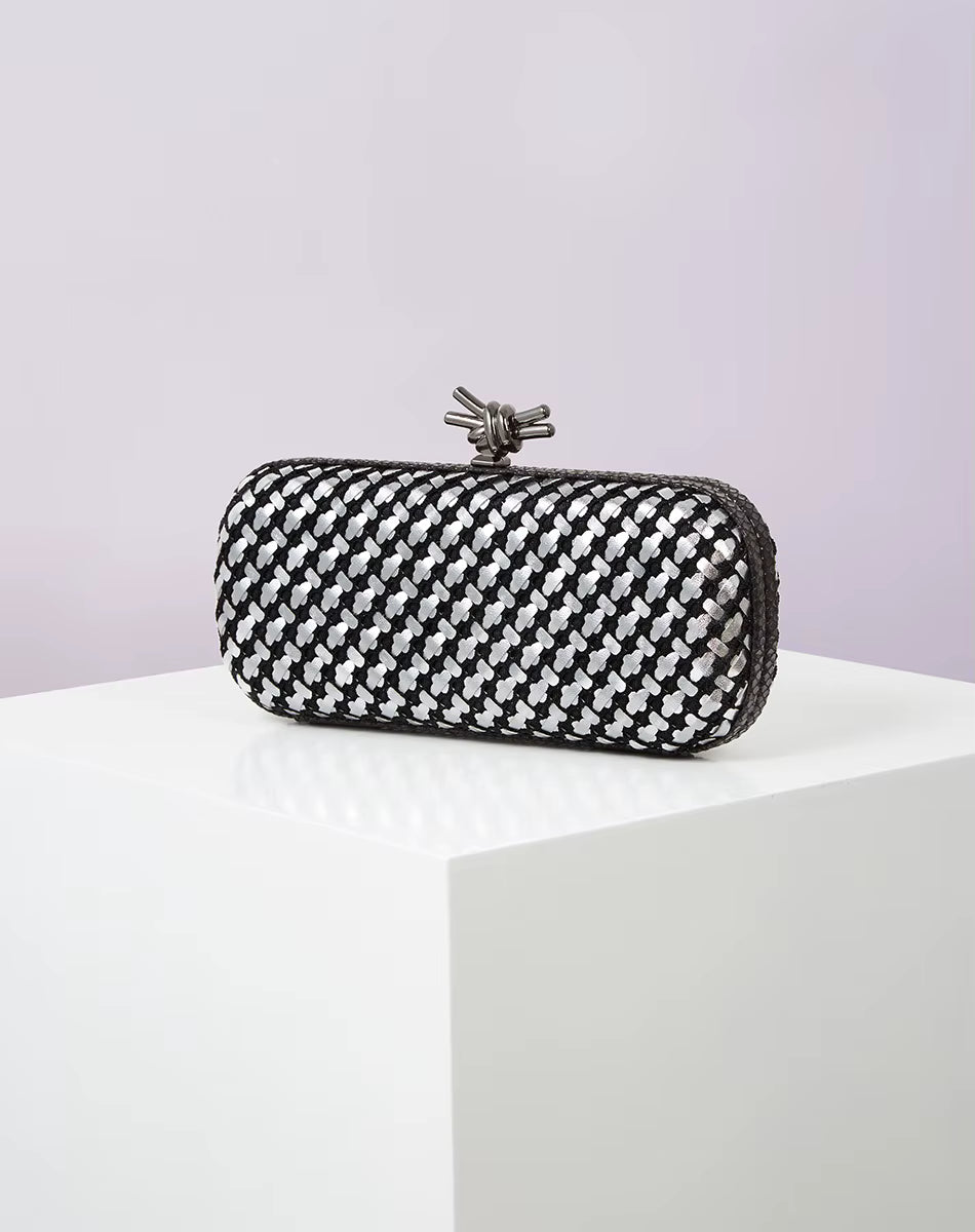 Elegant Leather Bright Line Woven Metal Knot Party Clutch Bag Mssza