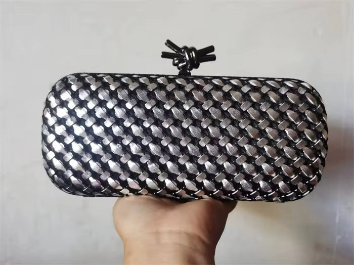 Elegant Leather Bright Line Woven Metal Knot Party Clutch Bag Mssza
