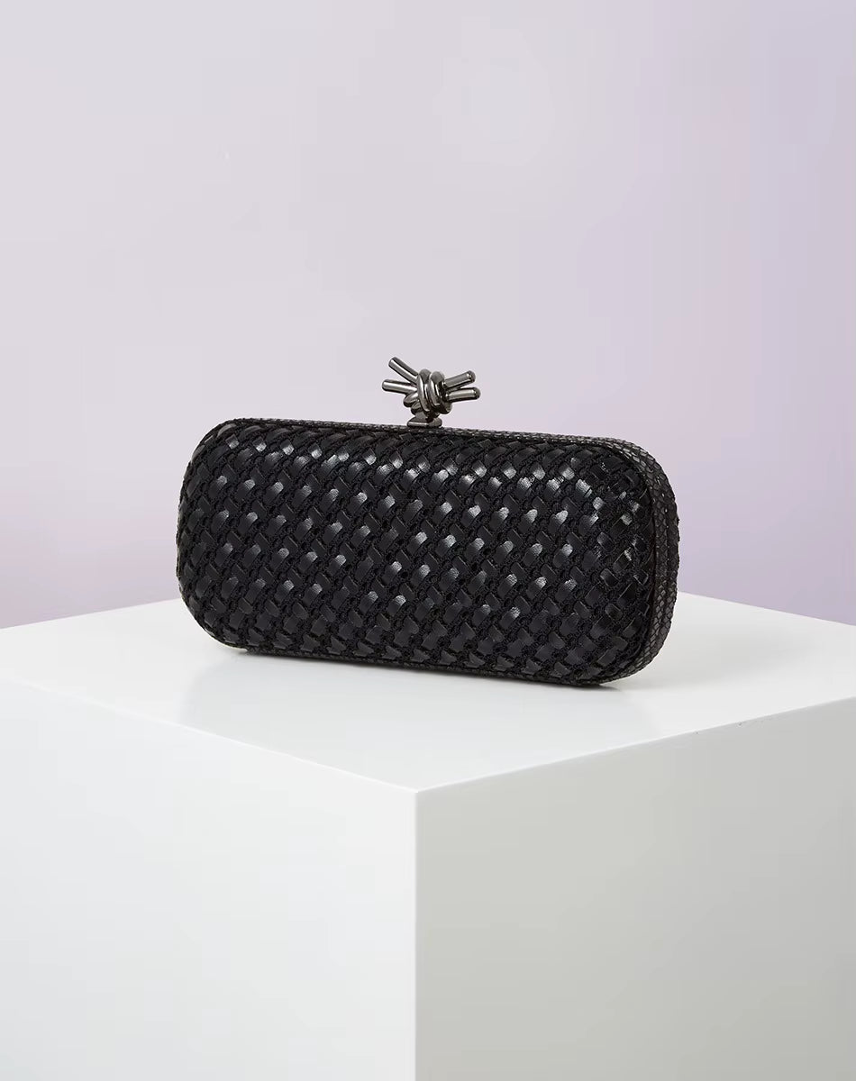 Elegant Leather Bright Line Woven Metal Knot Party Clutch Bag Mssza