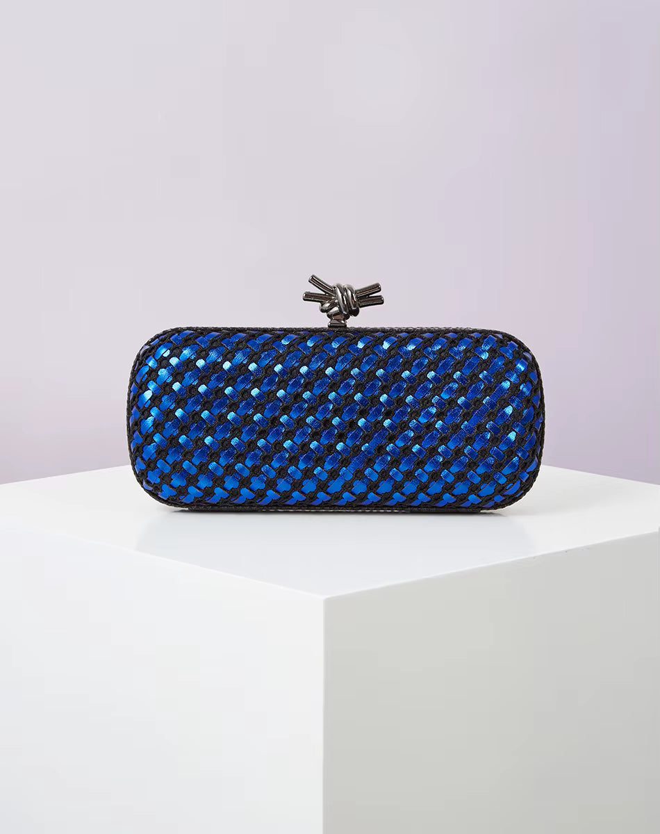Elegant Leather Bright Line Woven Metal Knot Party Clutch Bag Mssza