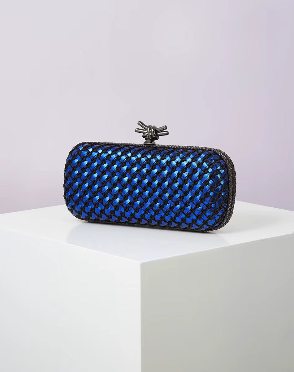 Elegant Leather Bright Line Woven Metal Knot Party Clutch Bag Mssza