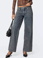Elegant Leopard Heart Baggy Jeans Low-Rise Wide Leg Denim Pants Mssza