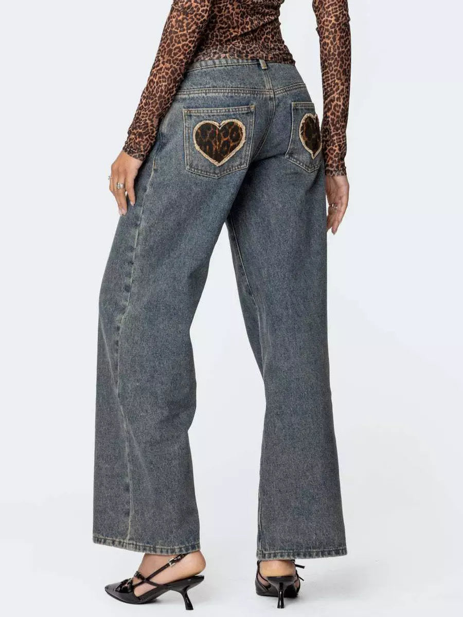Elegant Leopard Heart Baggy Jeans Low-Rise Wide Leg Denim Pants Mssza