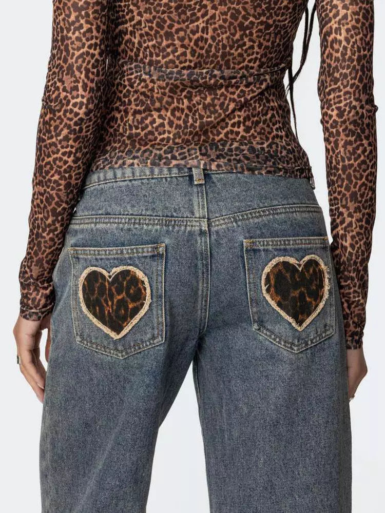 Elegant Leopard Heart Baggy Jeans Low-Rise Wide Leg Denim Pants Mssza