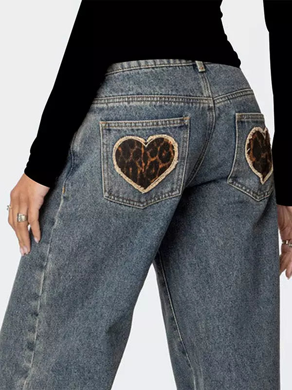 Elegant Leopard Heart Baggy Jeans Low-Rise Wide Leg Denim Pants Mssza