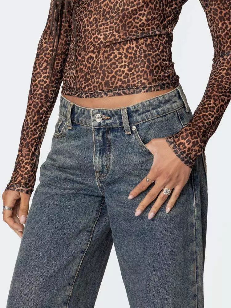 Elegant Leopard Heart Baggy Jeans Low-Rise Wide Leg Denim Pants Mssza