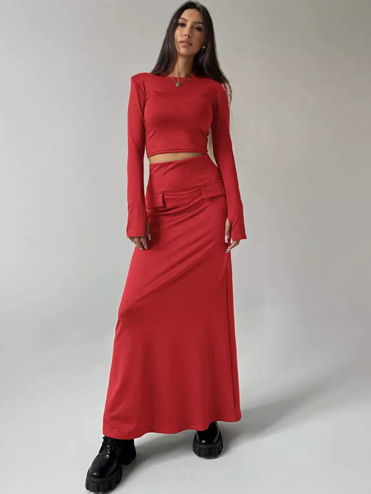 Elegant Long Skirt  Long Sleeve Street Wear Crop Top Two Piece Set Mssza