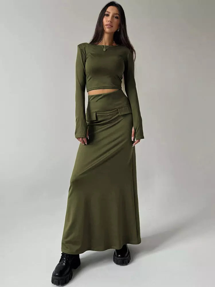 Elegant Long Skirt  Long Sleeve Street Wear Crop Top Two Piece Set Mssza