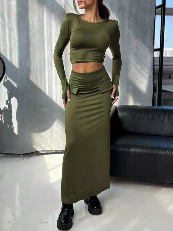 Elegant Long Skirt  Long Sleeve Street Wear Crop Top Two Piece Set Mssza