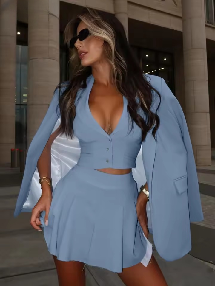 Elegant Long Sleeve Blazer Crop Top With High Waist Mini Skirt Office 3 Piece Sets Mssza