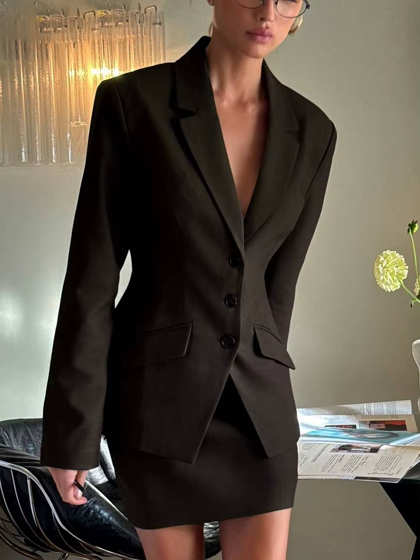 Elegant Long Sleeve Blazer With High Waist Mini Skirt 2 Piece Sets Mssza