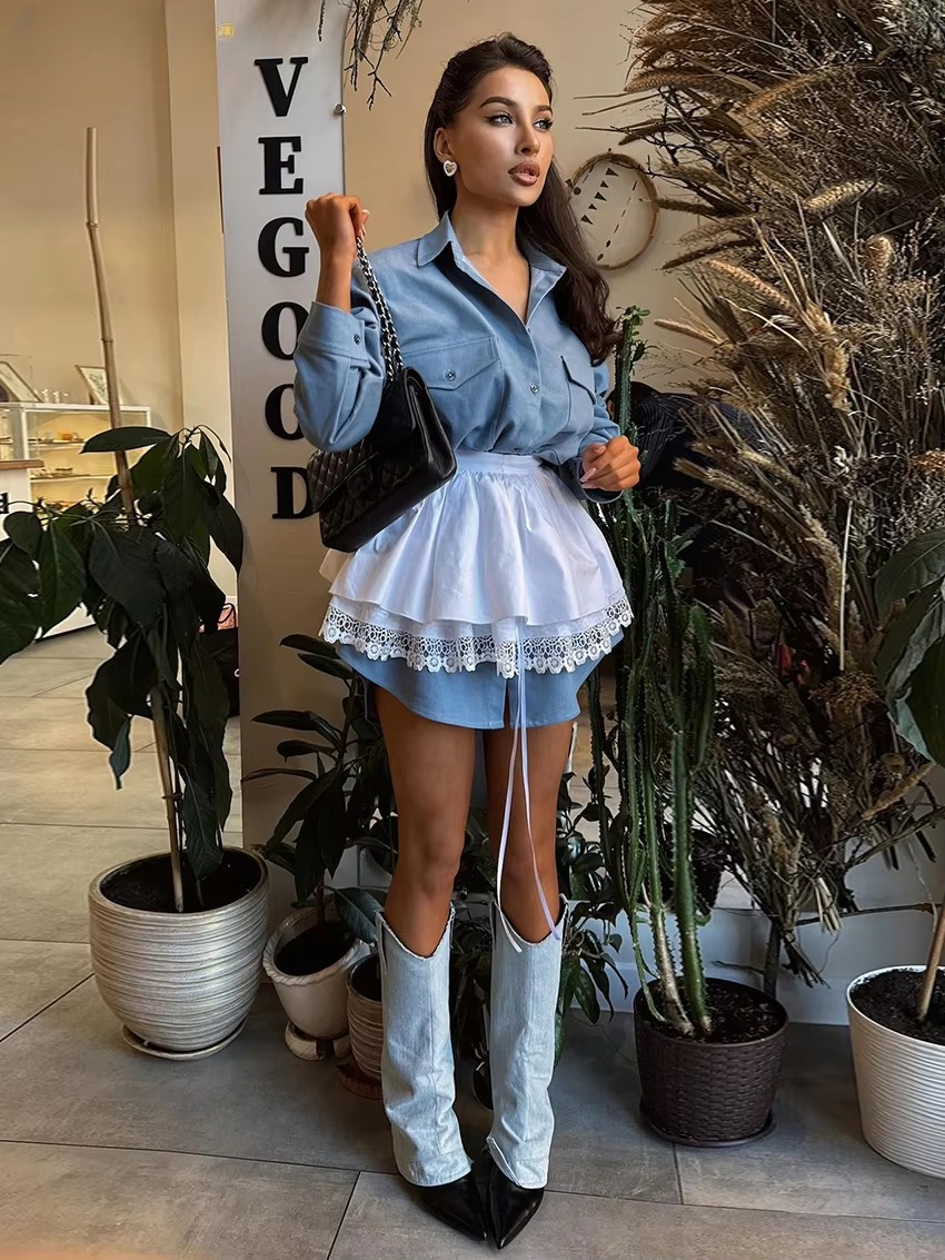 Elegant Long Sleeve Blouses With High Waist Mini Skirt Two Pieces Set Mssza