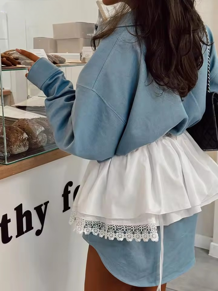 Elegant Long Sleeve Blouses With High Waist Mini Skirt Two Pieces Set Mssza