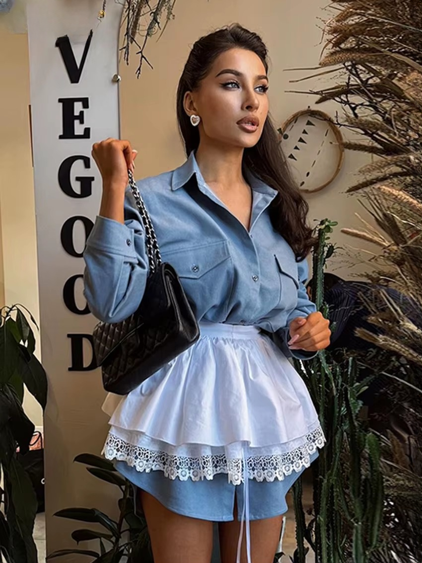 Elegant Long Sleeve Blouses With High Waist Mini Skirt Two Pieces Set Mssza