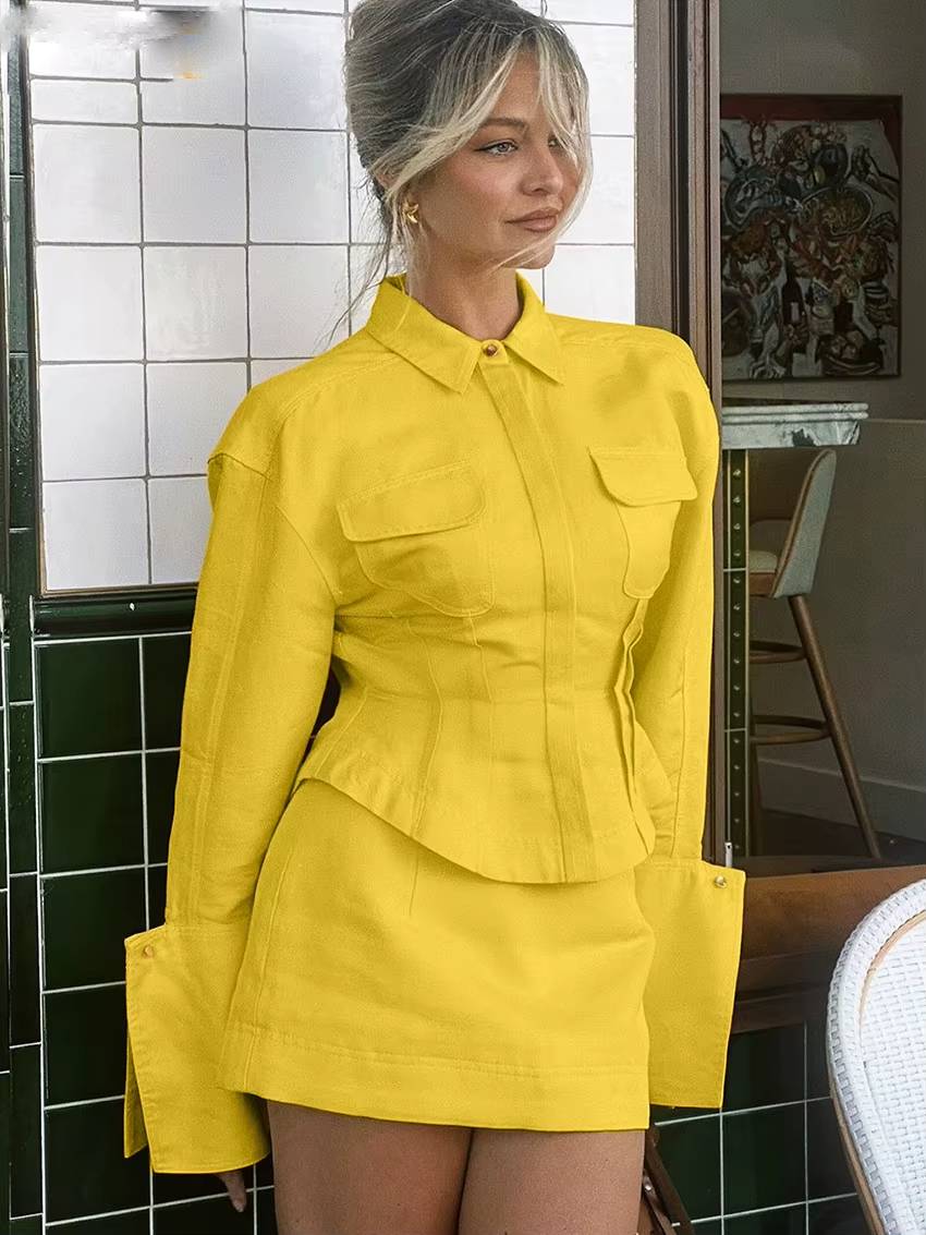 Elegant Long Sleeve Cotton Shirt With High Waist Mini Skirt 2 Piece Outfit Mssza