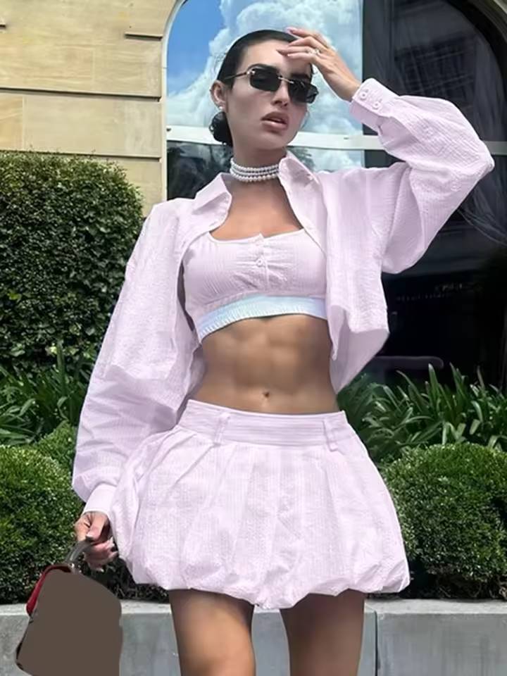Elegant Long Sleeve Crop Shirt With Mid Waist Pleated Mini Skirt Loose 2 Piece Set Mssza