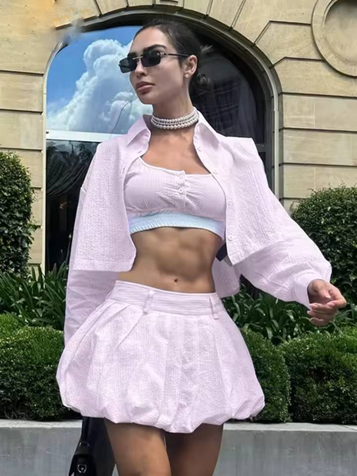 Elegant Long Sleeve Crop Shirt With Mid Waist Pleated Mini Skirt Loose 2 Piece Set Mssza