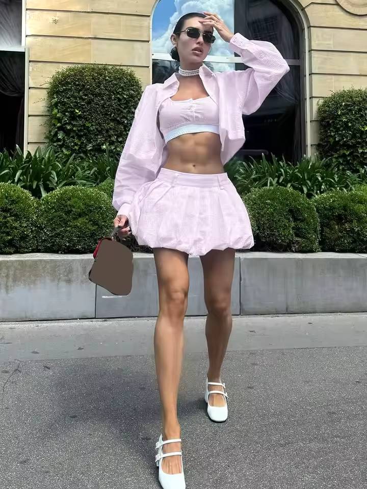 Elegant Long Sleeve Crop Shirt With Mid Waist Pleated Mini Skirt Loose 2 Piece Set Mssza
