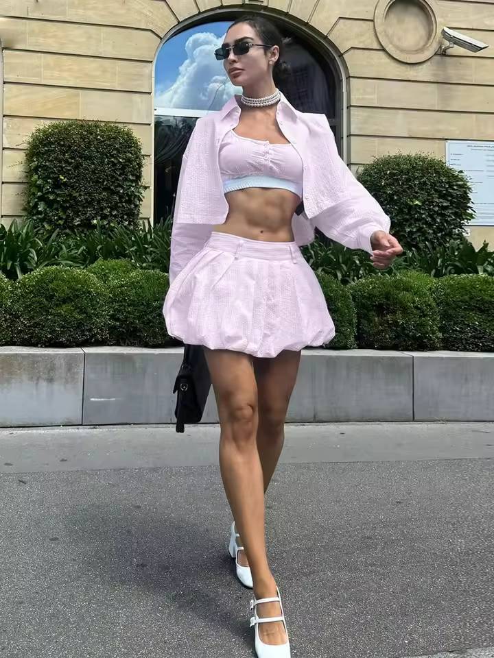 Elegant Long Sleeve Crop Shirt With Mid Waist Pleated Mini Skirt Loose 2 Piece Set Mssza