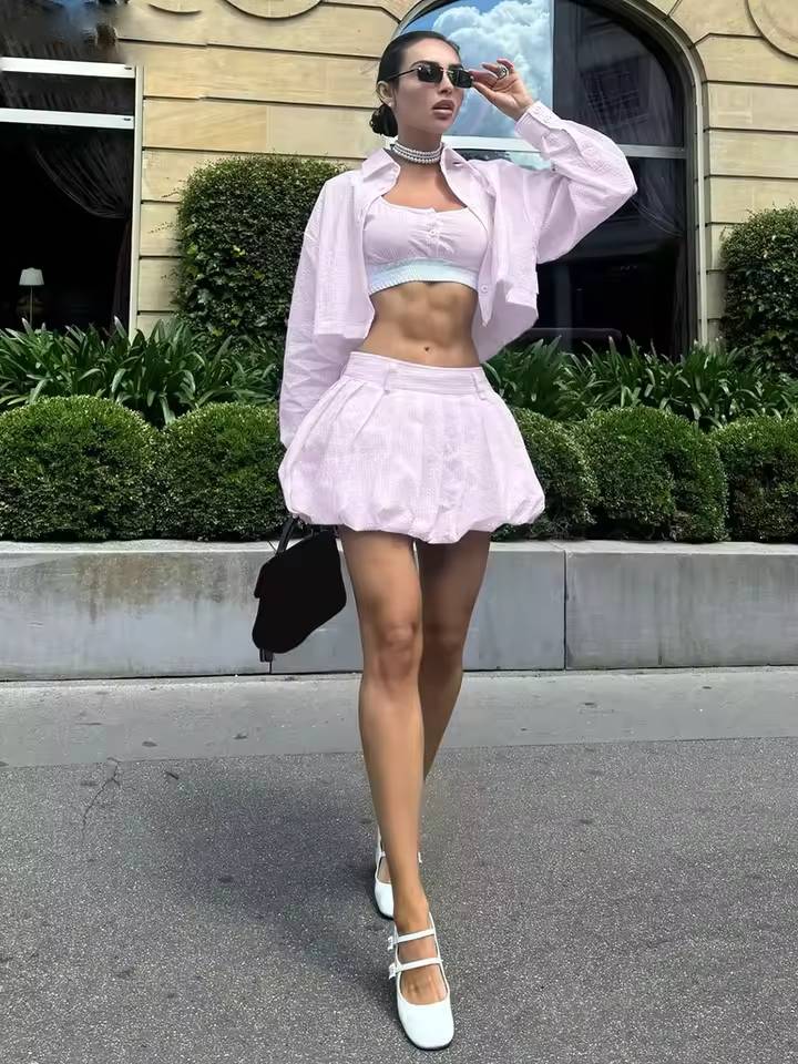 Elegant Long Sleeve Crop Shirt With Mid Waist Pleated Mini Skirt Loose 2 Piece Set Mssza
