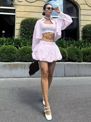 Elegant Long Sleeve Crop Shirt With Mid Waist Pleated Mini Skirt Loose 2 Piece Set Mssza