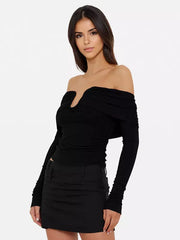 Elegant Long Sleeve Crop Top Off-Shoulder V-neck Ruched T-shirt Mssza