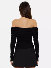 Elegant Long Sleeve Crop Top Off-Shoulder V-neck Ruched T-shirt Mssza