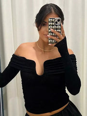 Elegant Long Sleeve Crop Top Off-Shoulder V-neck Ruched T-shirt Mssza