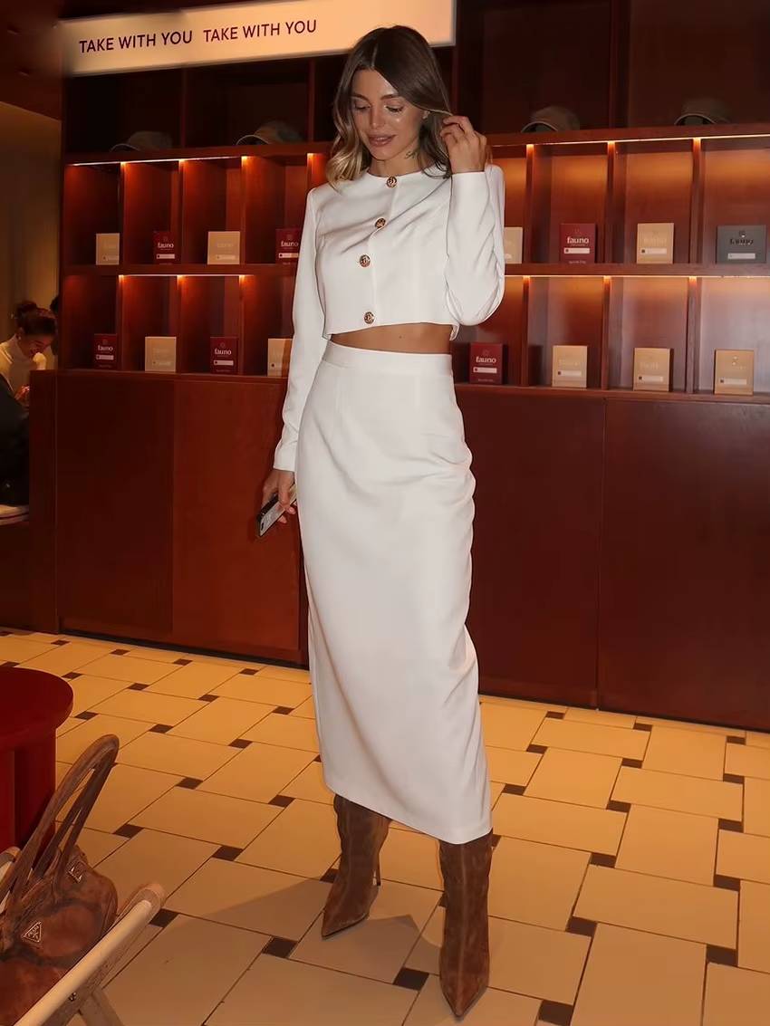 Elegant Long Sleeve Crop Top With High Waist Long Skirt 2 Piece Sets Mssza