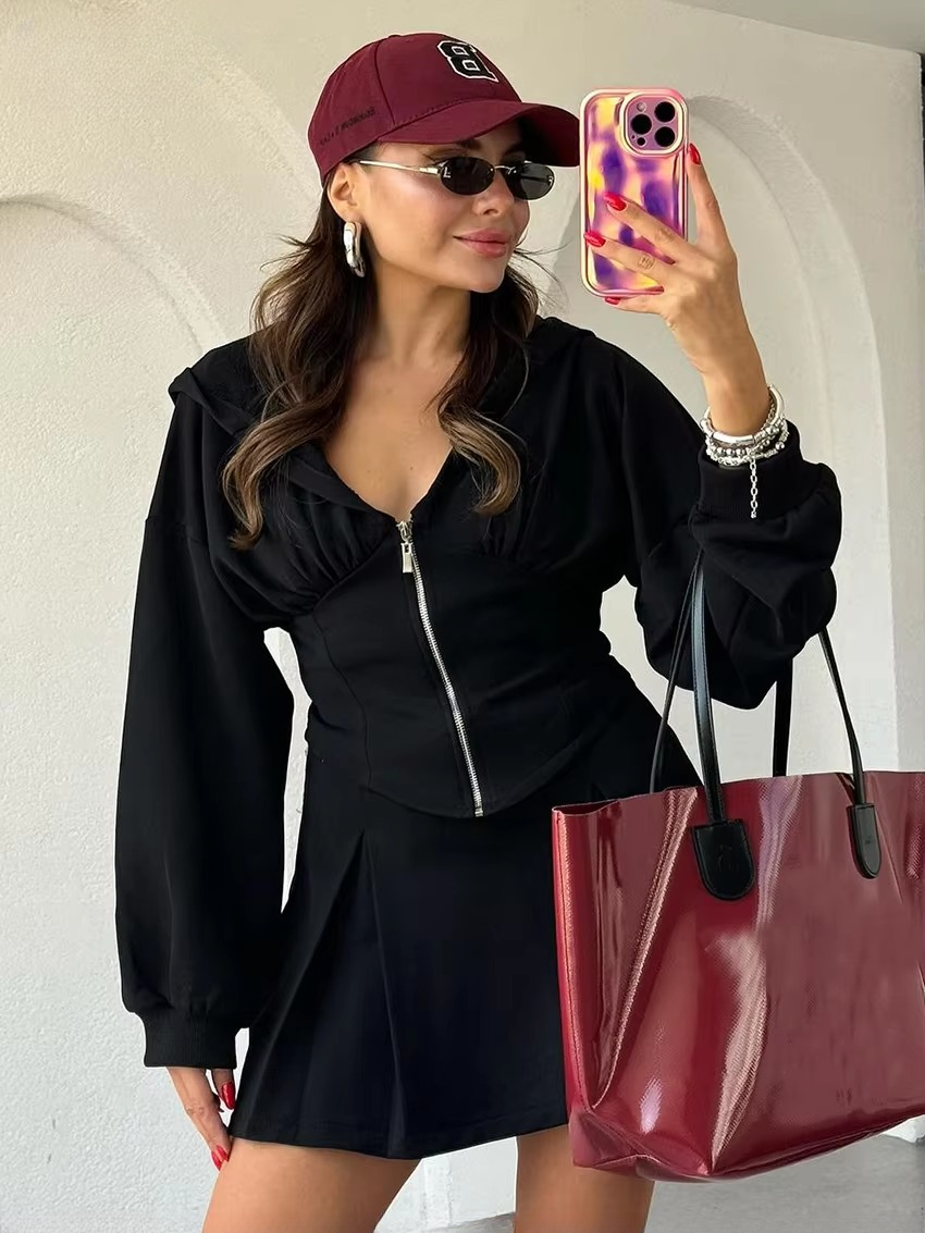 Elegant Long Sleeve Crop Top With High Waist Mini Skirt Two Pieces Set Mssza