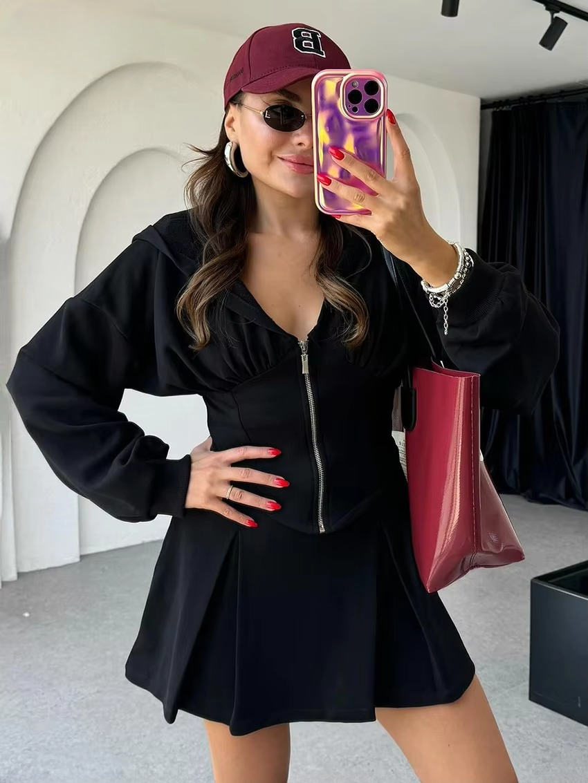 Elegant Long Sleeve Crop Top With High Waist Mini Skirt Two Pieces Set Mssza