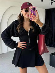 Elegant Long Sleeve Crop Top With High Waist Mini Skirt Two Pieces Set Mssza