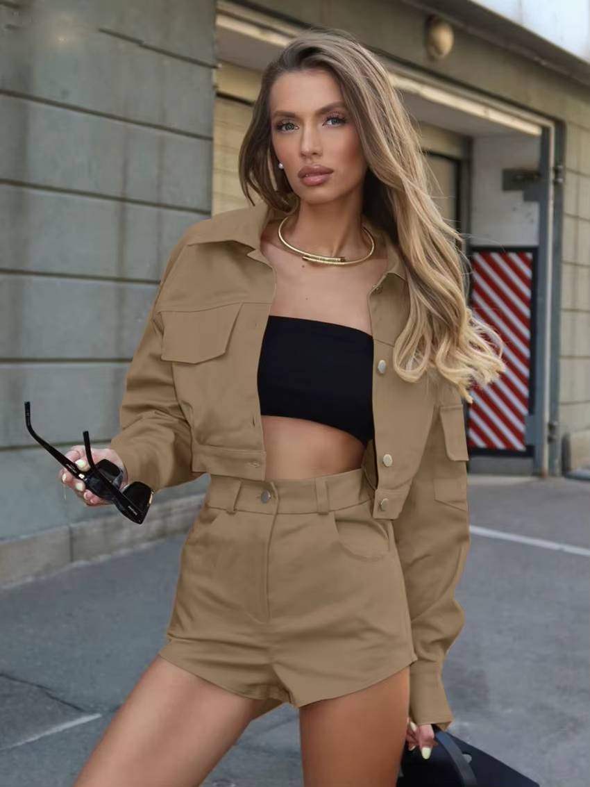 Elegant Long Sleeve Crop Top With High Waist Shorts 2 Piece Sets Mssza