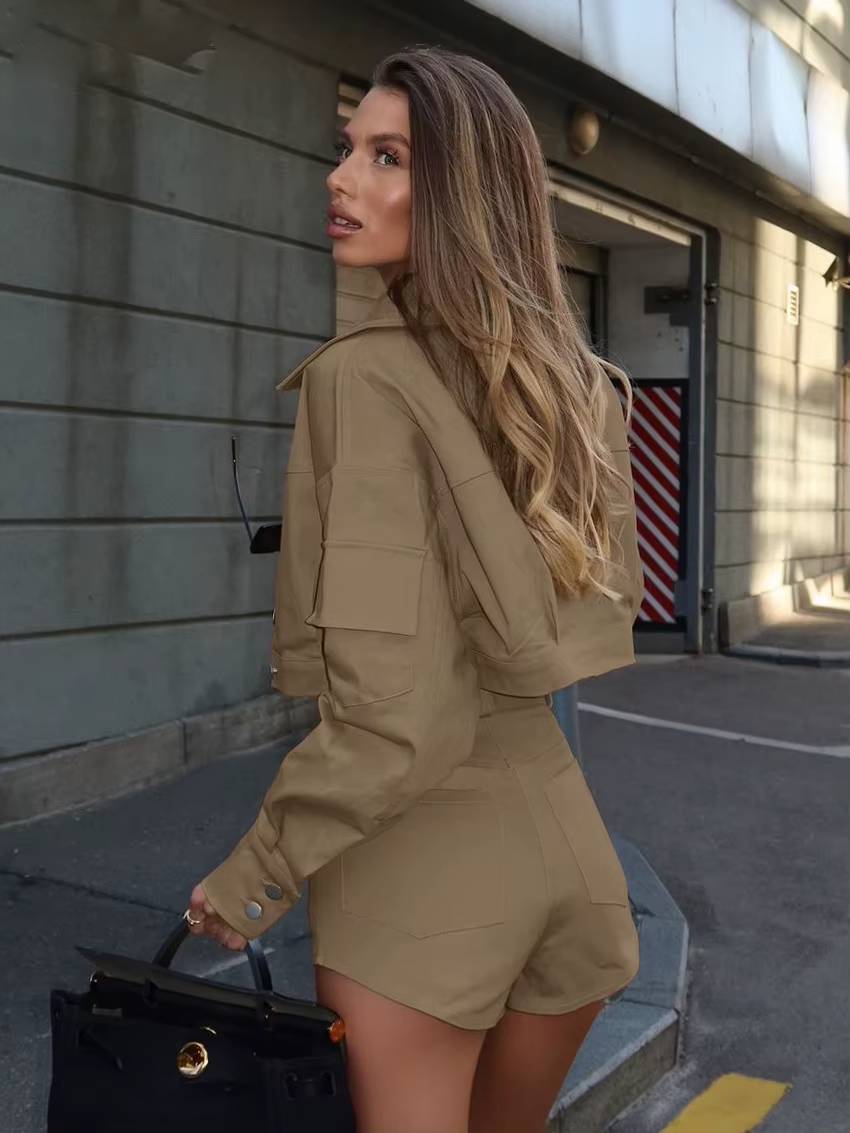 Elegant Long Sleeve Crop Top With High Waist Shorts 2 Piece Sets Mssza
