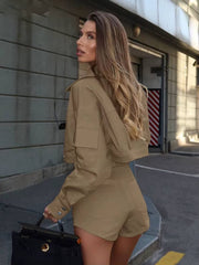 Elegant Long Sleeve Crop Top With High Waist Shorts 2 Piece Sets Mssza