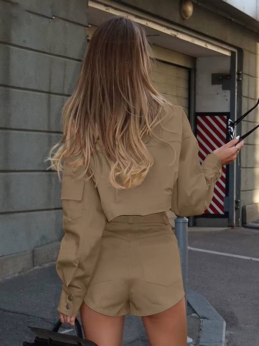 Elegant Long Sleeve Crop Top With High Waist Shorts 2 Piece Sets Mssza