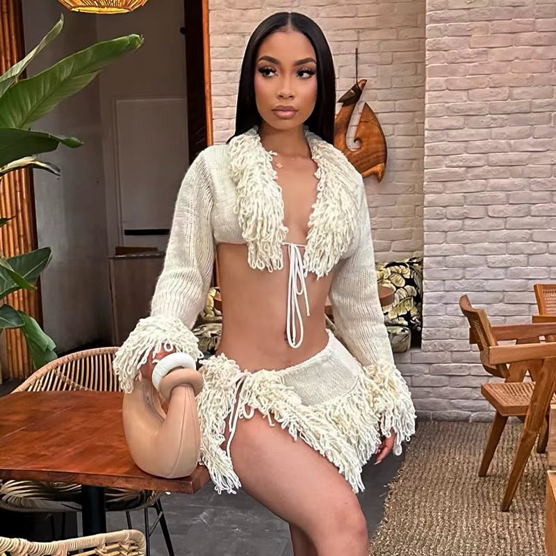 Elegant Long Sleeve Lace-Up Cardigan Tops and Mini Skirts Two Piece Sets Mssza