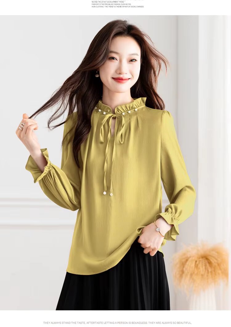 Elegant Long Sleeve Lace up Wooden Ear Collar Beaded Satin Mssza
