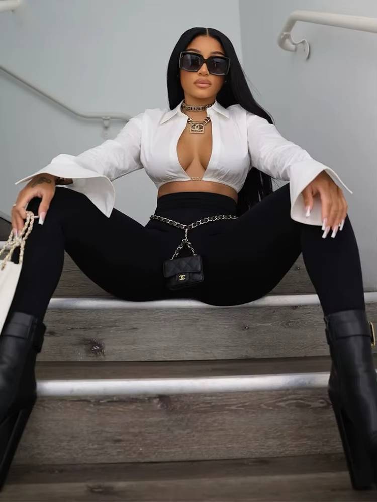 Elegant Long Sleeve Polo Neck Solid Office Lady Crop Tops Mssza
