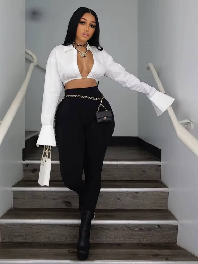 Elegant Long Sleeve Polo Neck Solid Office Lady Crop Tops Mssza