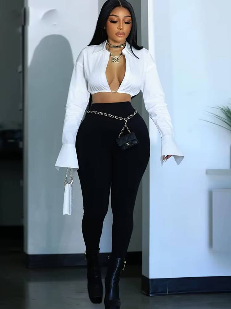 Elegant Long Sleeve Polo Neck Solid Office Lady Crop Tops Mssza