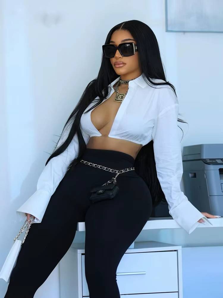Elegant Long Sleeve Polo Neck Solid Office Lady Crop Tops Mssza
