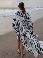 Elegant Long Sleeve Robes And Tank Top With High Waist Shorts Loose Stripe Print 2 Piece Set Mssza