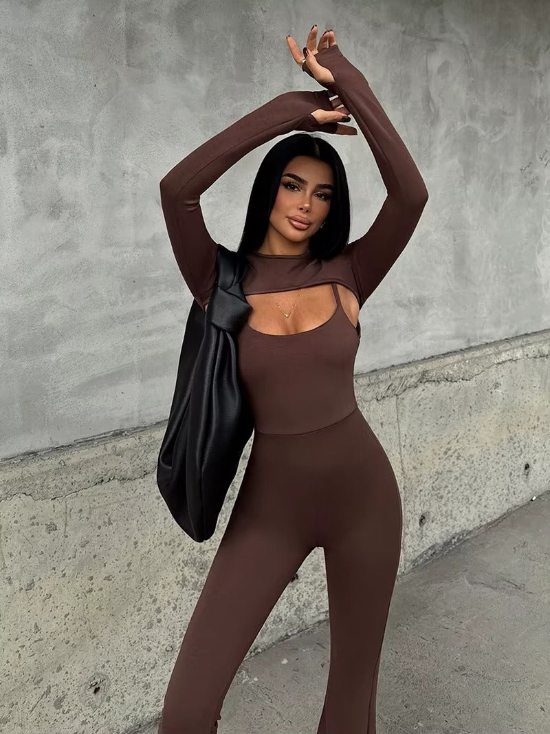 Elegant Long Sleeve Shawl Hollow Out Jumpsuits Two Piece Sets Mssza