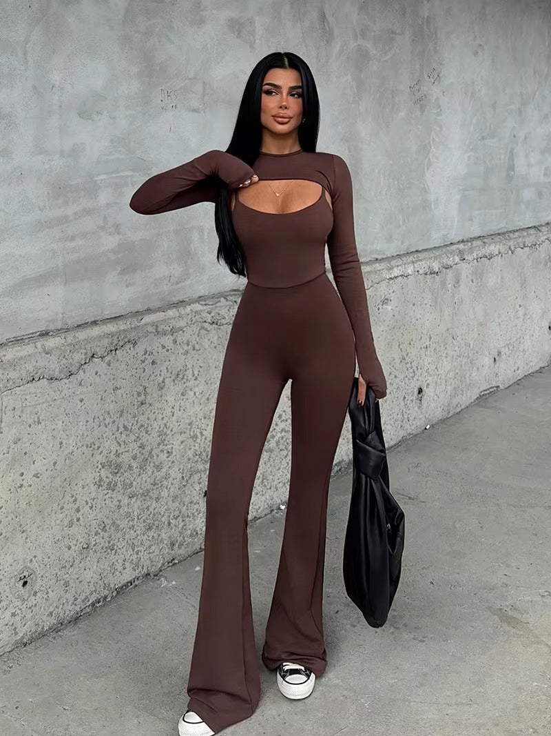 Elegant Long Sleeve Shawl Hollow Out Jumpsuits Two Piece Sets Mssza
