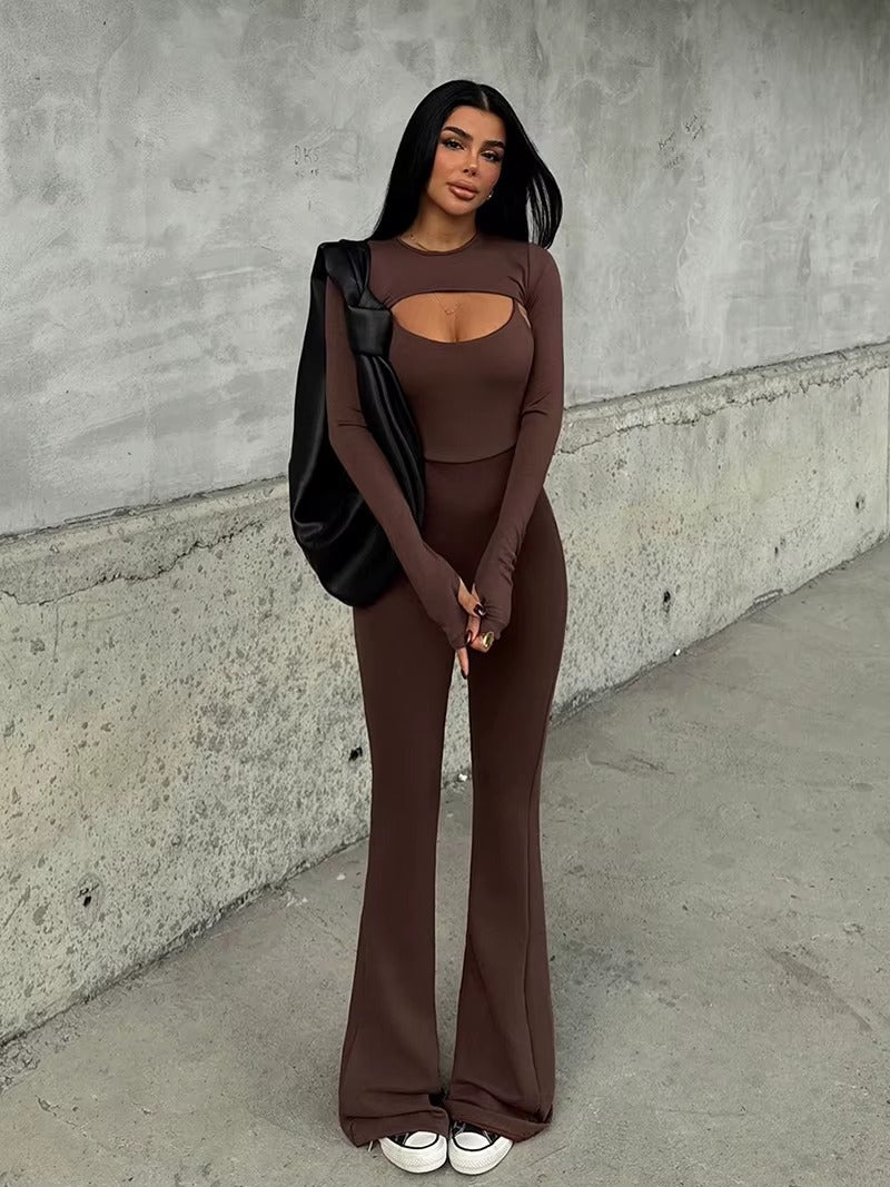 Elegant Long Sleeve Shawl Hollow Out Jumpsuits Two Piece Sets Mssza